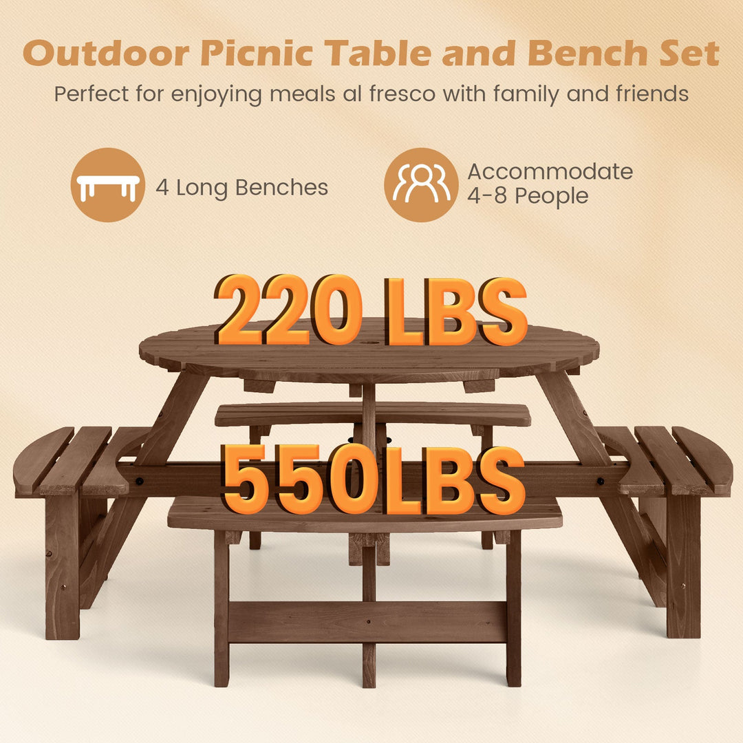 8-Person Round Picnic Table Set Circular Patio Dining Camping Table with Benches