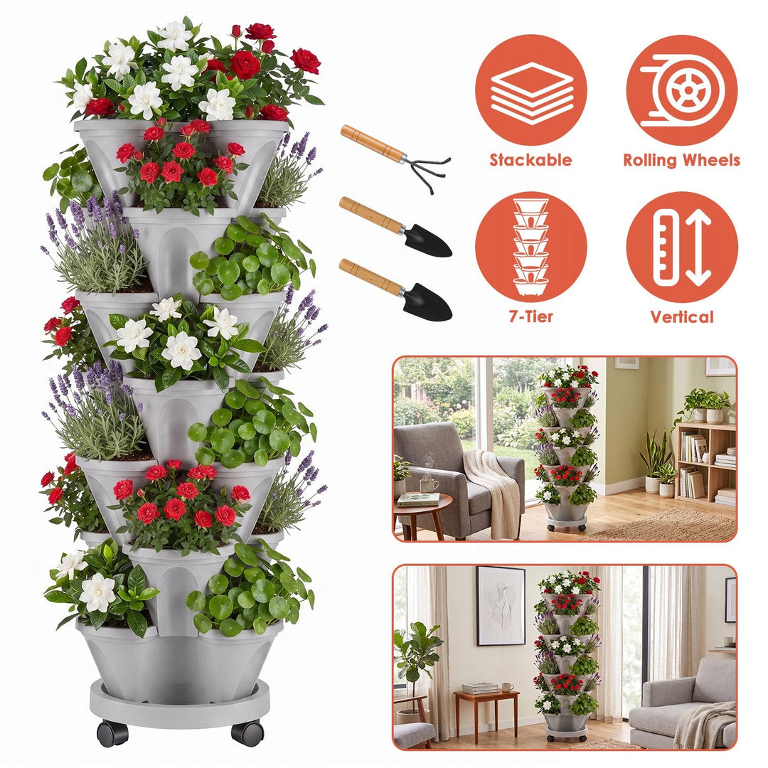 7-Tier Stackable Vertical Planter with Wheels and Drainage