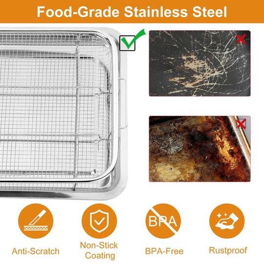 2Pcs Air Fryer Basket Tray 15.35x11.61in Stainless Steel Rustproof Non-Stick Oven Pan and Tray For Bake Grill Crispy Food Dishwasher Safe