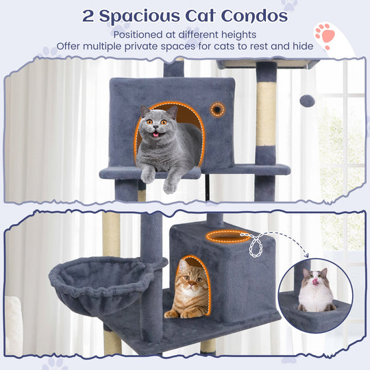 80 Inches Tall Cat Tree with 2 Large Condos and Dangling Toys