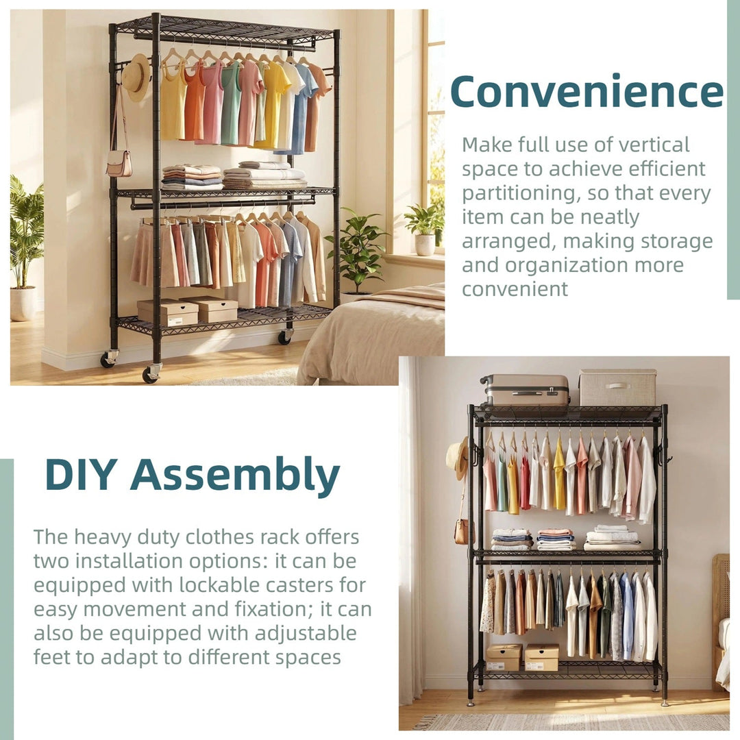 Rolling Clothes Rack with Shelves and Lockable Wheels