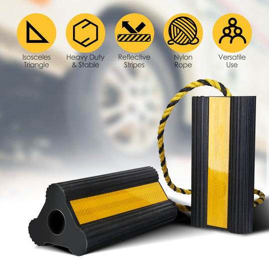 Heavy Duty Rubber Wheel Chocks Tire Chocks Wheel Immobilizers with Nylon Rope Yellow Reflective Stripes for RVs Trucks Trailers Small Airplanes