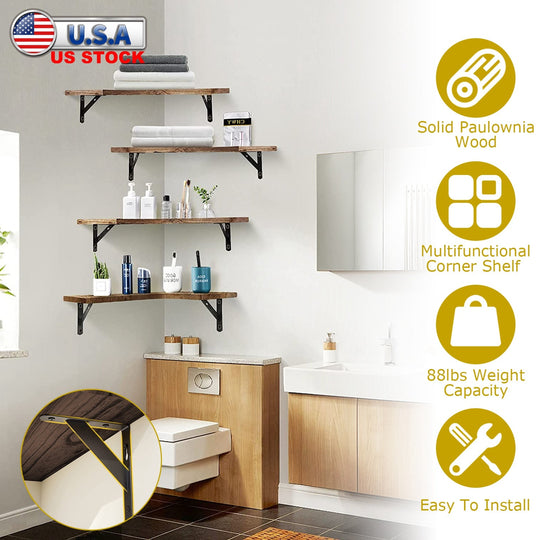 4Packs Corner Floating Shelf Wall Mount Display Storage Shelf Organizer Wood Metal Bedroom Living Room DŽcor