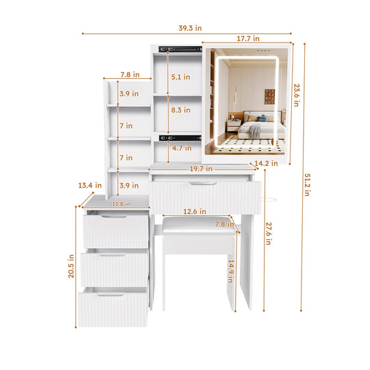 Vanity Desk Set Makeup Dressing Table with Stool, Lighted Mirror, 3 Drawers, 3 Open Shelves, 3 Open Cubbies, Power Stati