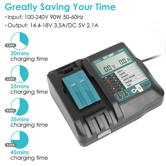 Rapid Charger Replacement Fit for Makita 14.4-18V Battery BL1860 BL1830 BL1850 with_x000B__x000B_LCD Display USB Port