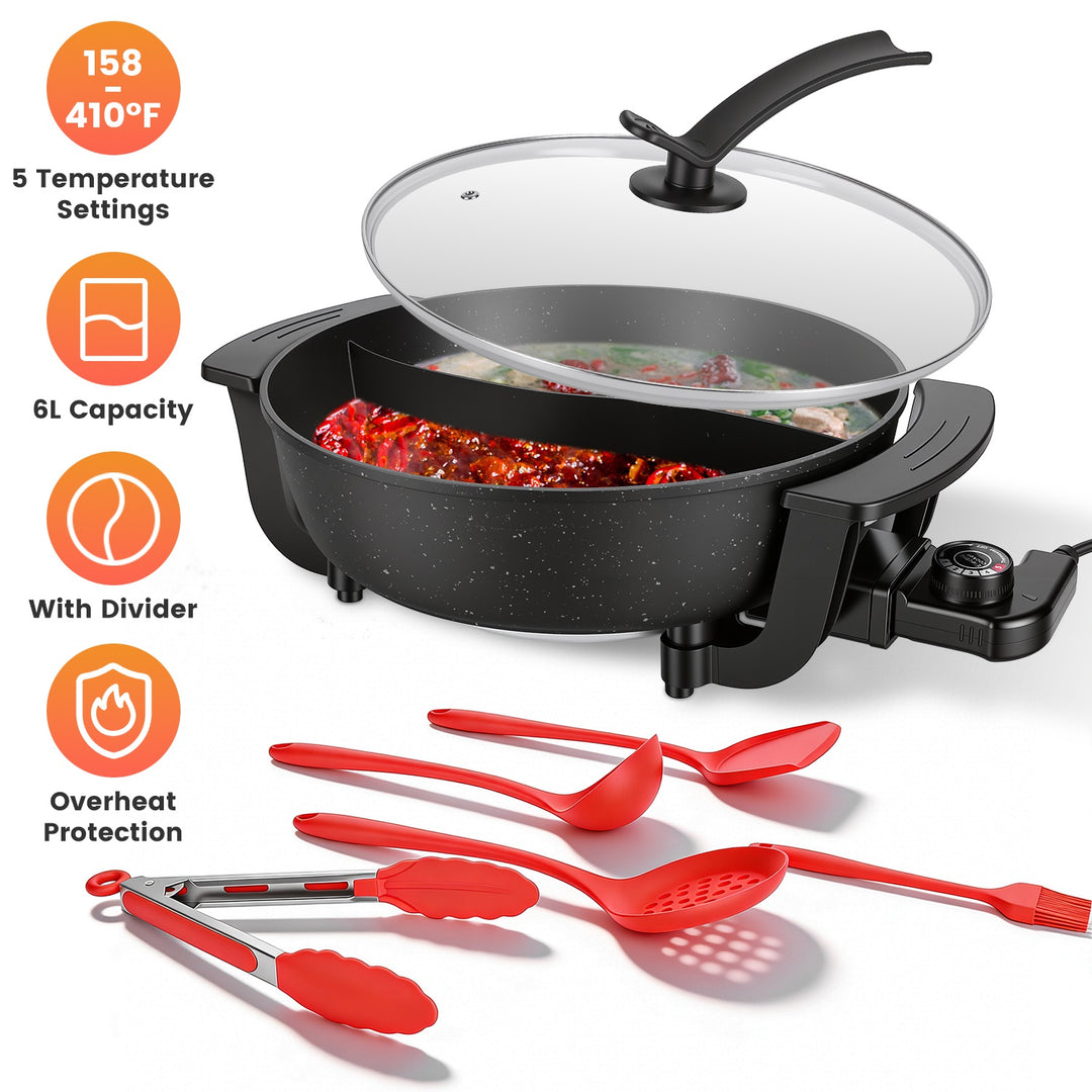 6L Electric Hot Pot with Divider 1100W Dual-Flavor Pot Shabu Shabu Pot Non-Stick with 5-Temp Control for Shabu Shabu Fondue Perfect for Family Gatheri