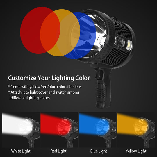 30000LM Rechargeable LED Searchlight IPX6 Waterproof Portable Handheld Spotlight Flashlight with 3 Color Filter Lens 6 Lighting Modes