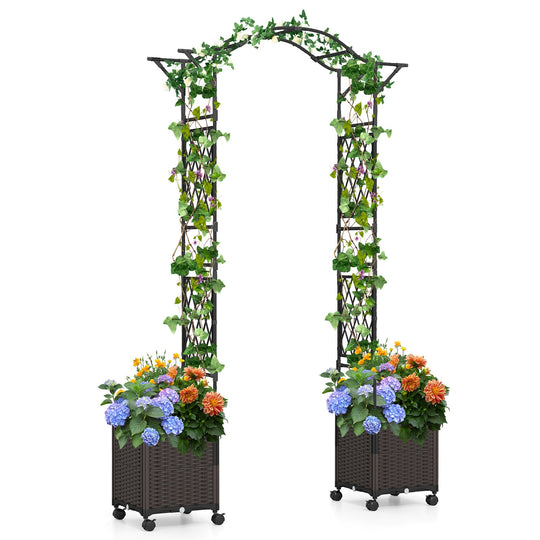 82 x 99 Inch Garden Arch Trellis with 2 Self-Watering Planter Boxes Wheels-Black