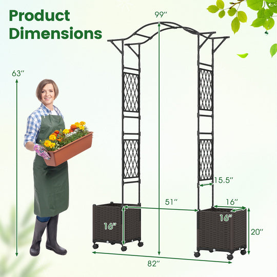 82 x 99 Inch Garden Arch Trellis with 2 Self-Watering Planter Boxes Wheels-Black