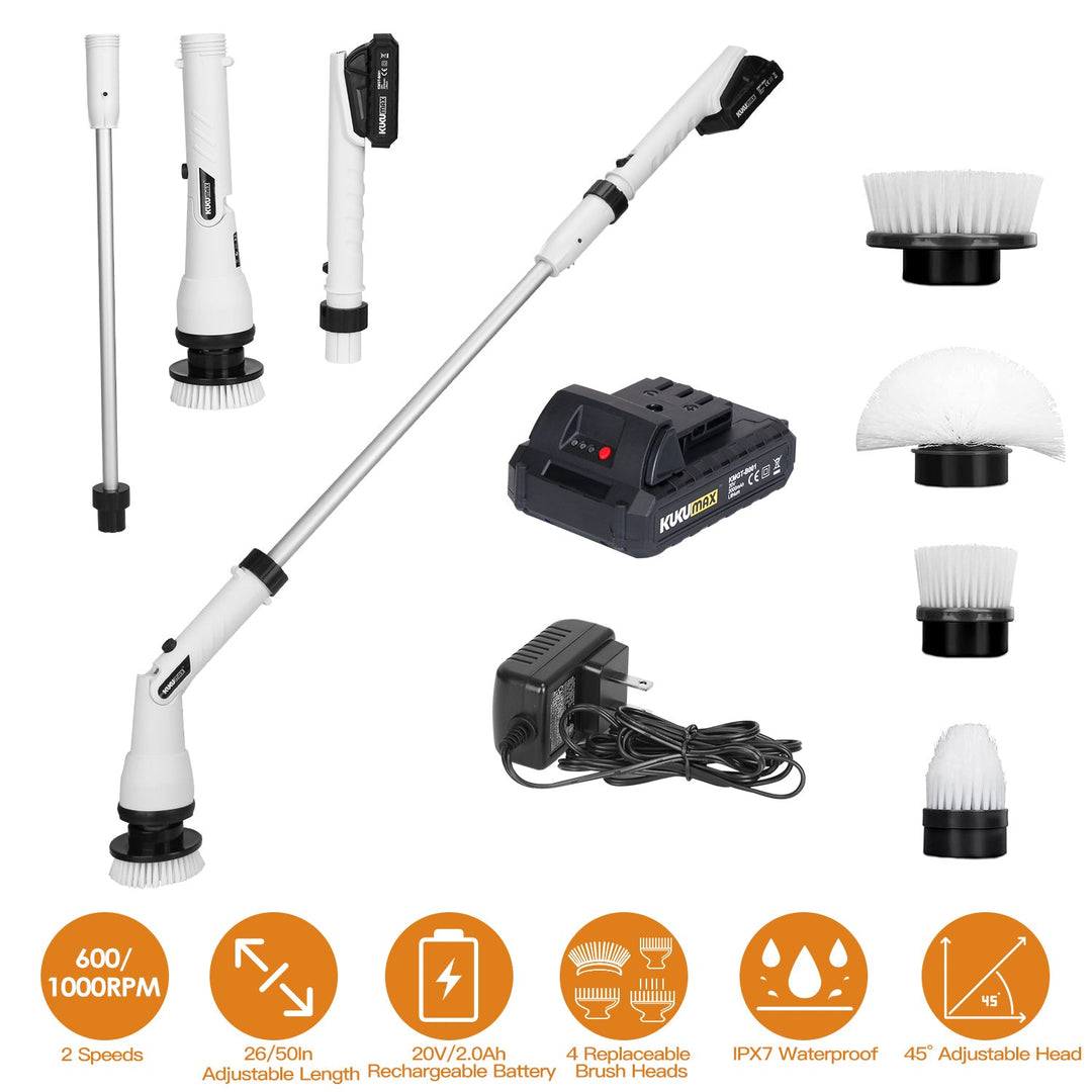 Electric Spin Scrubber Cordless Handheld Rechargeable Cleaning Brush with 4 Replaceable Heads 600/1000RPM Speeds 26/50in Length 20V/2.0Ah Battery for