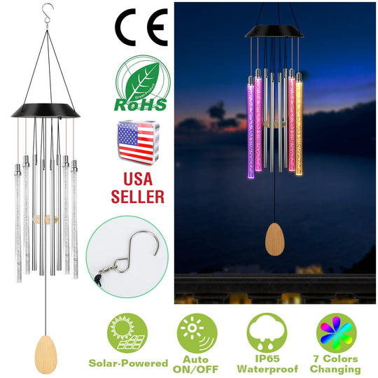 Solar Wind Chime Lights 7 Color Changing Decorative Lamp IP65 Waterproof Hanging String Lights w/ Dual Pendants For Home Garden Party Festival