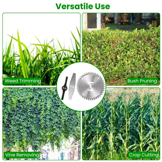 14Pcs Grass Trimmer Blades Accessories Weed Cutter Attachments 10Pcs 5.35In Plastic Blades 3Pcs 6In Stainless Steel Blades 1Pc 4In/6In Alloy Saw Blade