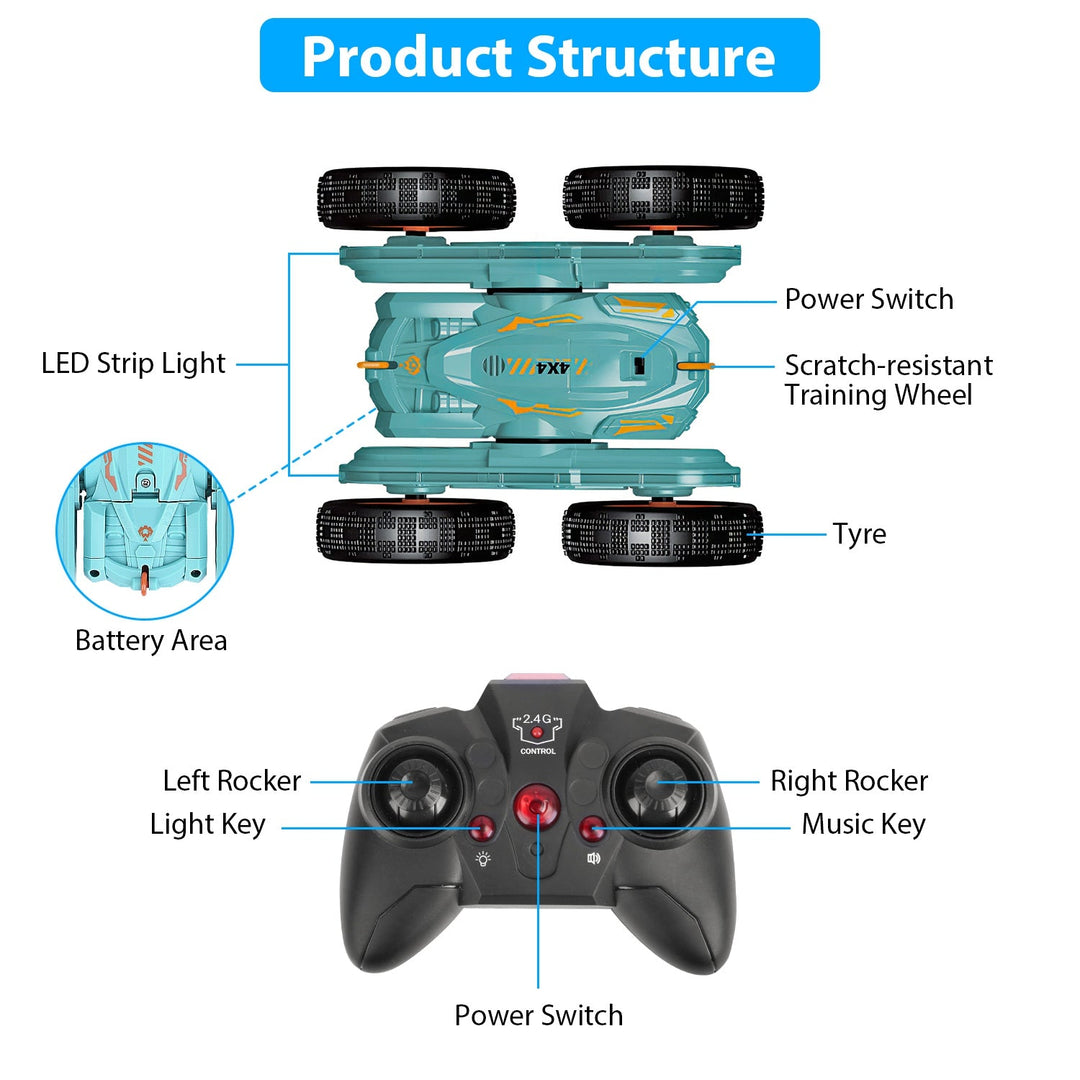 Kid Driving RC Stunt Car 7 Color Strip Light Dynamic Music Swing Arm Double-sided   Rolling Remote Control Car Off Road 2.4GHz 4WD Rechargeable Racing