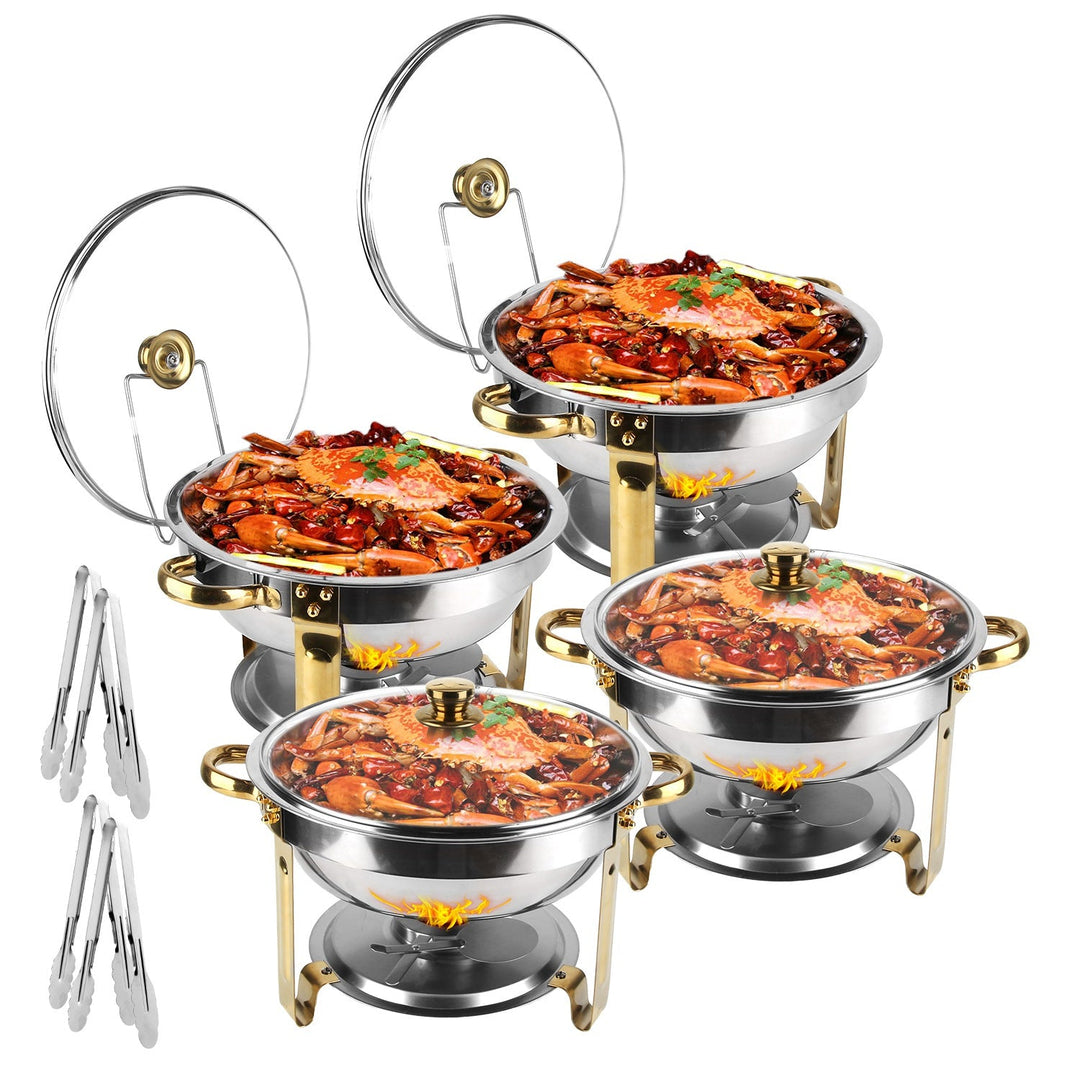4Pcs Chafing Dish Buffet Set 4.76QT Round Buffet Servers Food Warmer Stainless Steel Catering Chafer with Glass Lid for Warming Cooling Gatherings Ban
