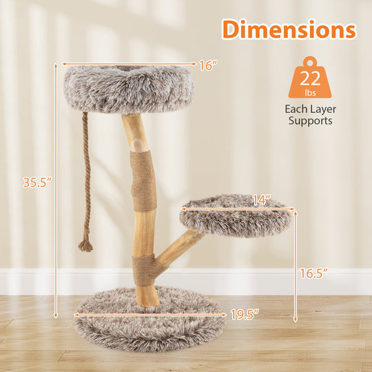 Modern Wooden Cat Tree Tower with Perch and Natural Jute Scratching Posts-Brown