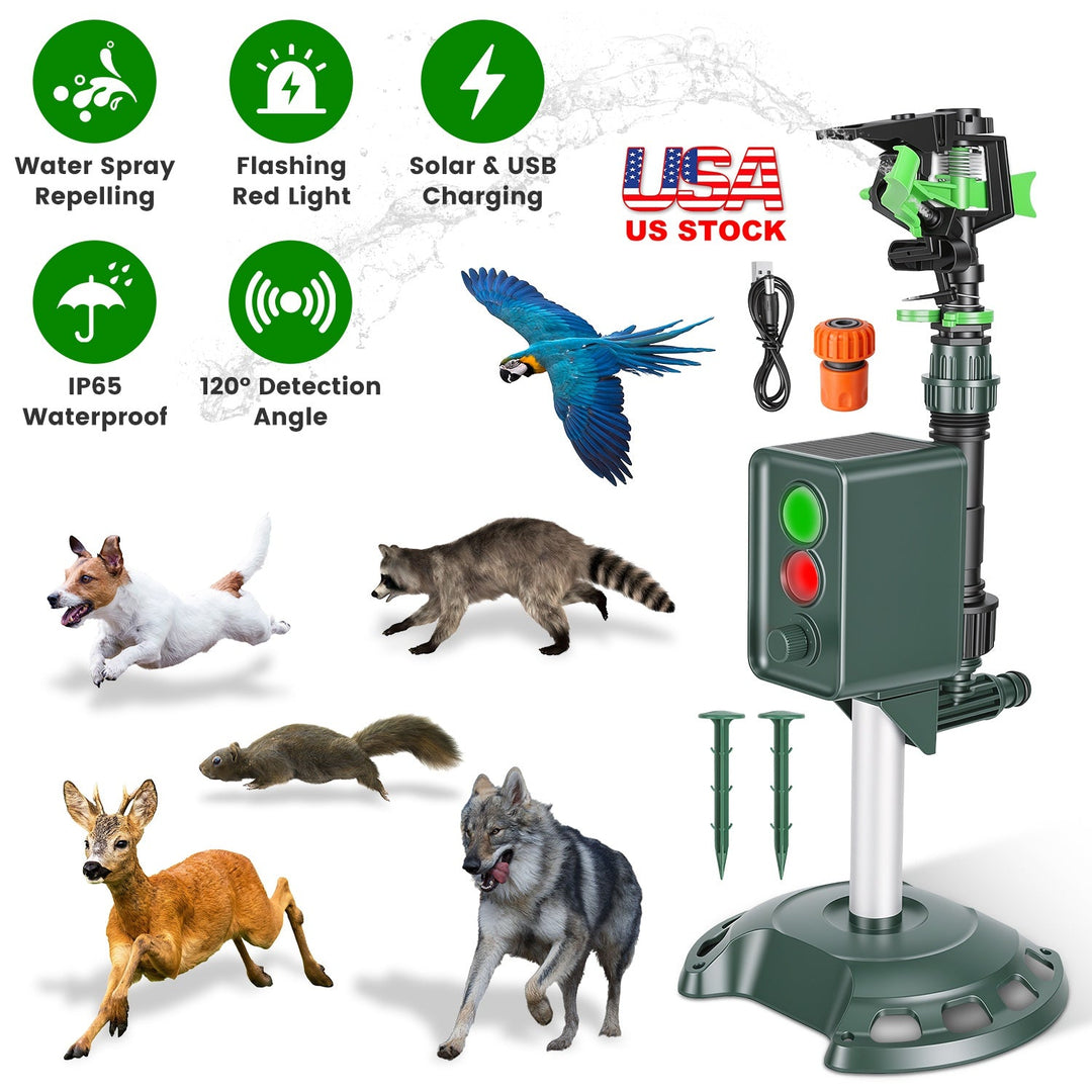 Solar Motion Sensor Animal Repellent Sprinkler with LED Light