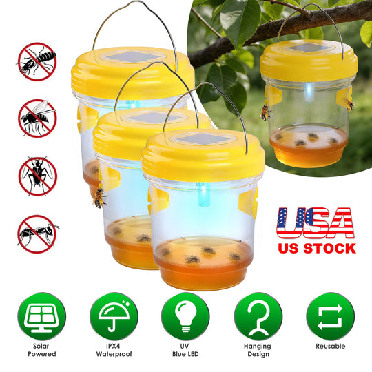 3Pack Solar Wasp Traps Outdoor Hanging Insect Catchers with UV Light for Paper Wasps Yellow Jackets Small Hornets Fruit Flies House Flies
