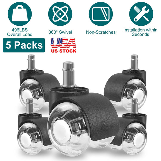 5Pcs Office Chair Wheels Polyurethane Rolling Caster Replacement for Hardwood Floor Carpet Universal Fit 496LBS Max Load
