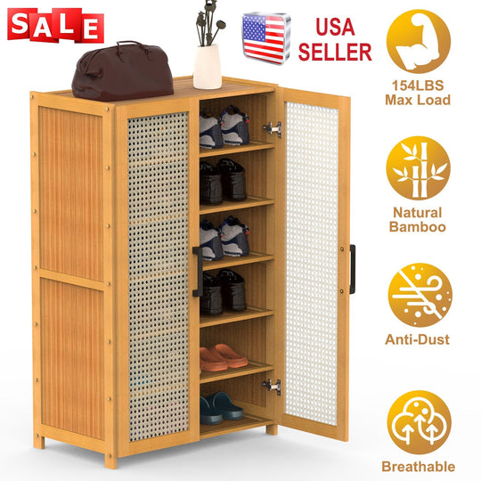 6-Tier Shoe CabinetÊwith Bamboo Shoe Rack Freestanding Shoe Organizer with 2 Hollow Doors and Handles 154lbs Max Load for Closet Hallway Living Room