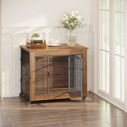 Dog Crate Furniture with Lockable Wheels & Dual Doors