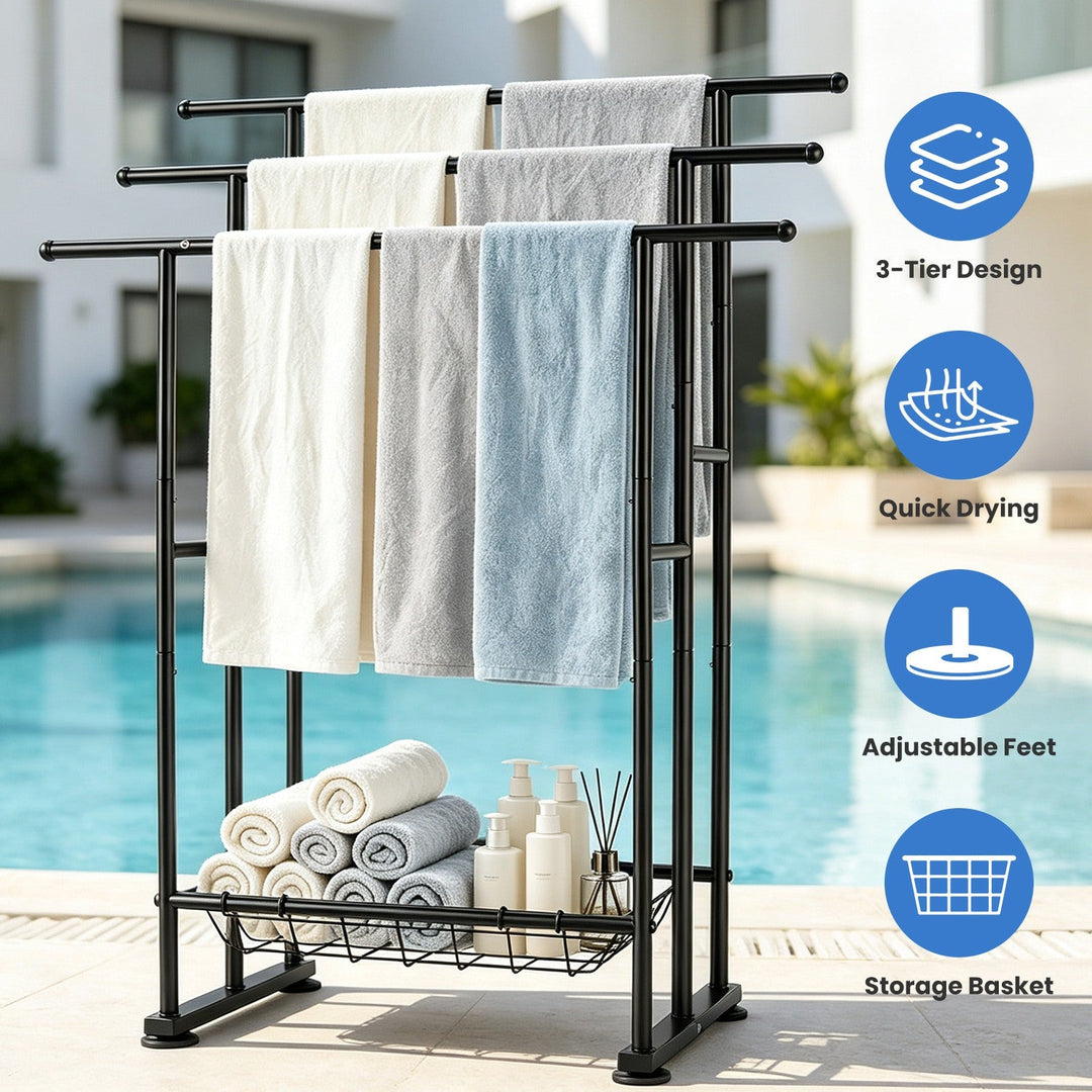 3-Tier Freestanding Towel Rack with Storage Basket - Black