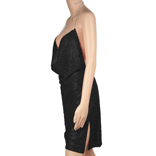 Sexy Women Chain Choker Side Slit Backless Slip Dress With Sequins