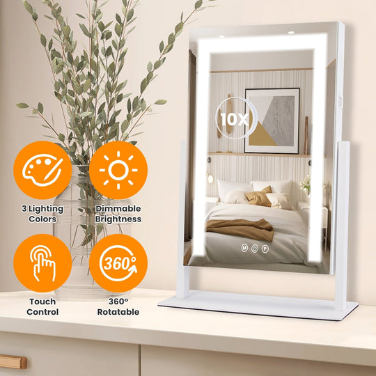 Vanity Mirror with Light 3 Lighting Colors Dimmable Brightness Smart Touch Control 10X Magnifying Mirror 360¡Rotation LED Lighted Makeup Mirror for De
