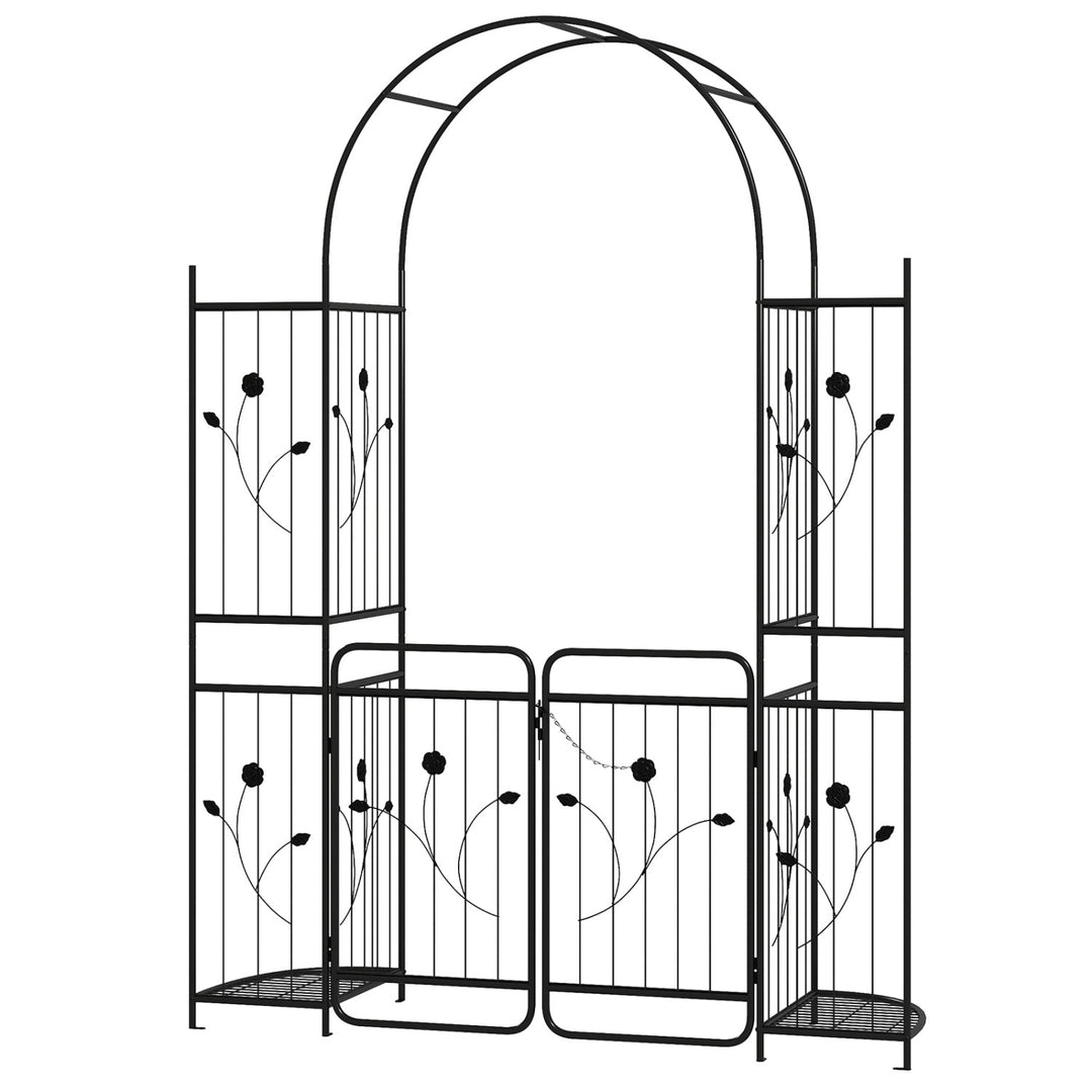 87 inch Tall Garden Arch with Gate Planter Shelves Climbing Trellises