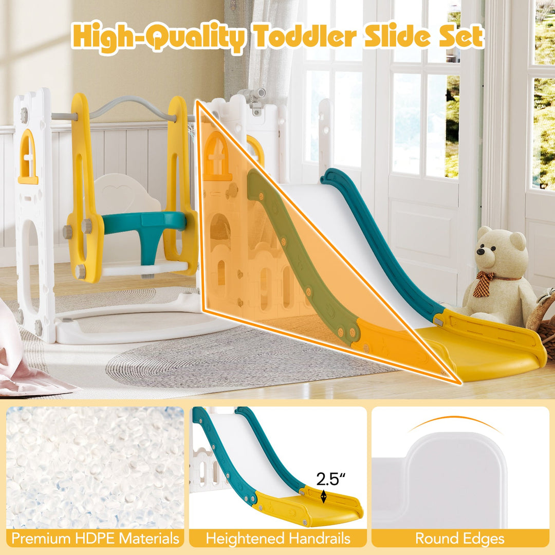 7-in-1 Toddler Swing and Slide Set L-shaped with Ladder and Basketball Hoop
