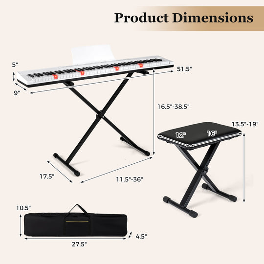 88-Key Electric Piano Keyboard with Adjustable Stand and Portable Bag