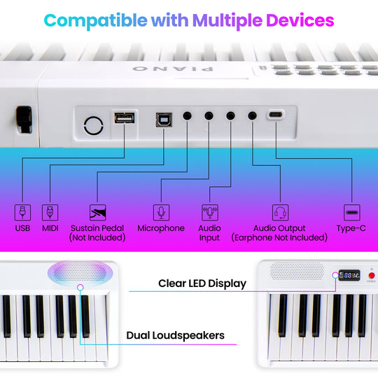 88 Key Foldable Electric Keyboard Piano with Wireless MIDI and Dual Speakers-White