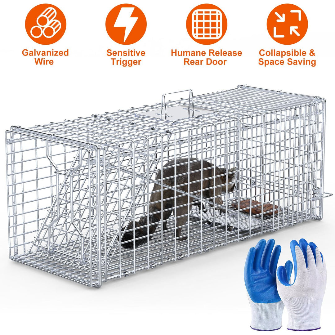 Live Animal Trap Cage 37x14x15in Folding Catch and Release Humane Cat Trap Galvanized Iron for Raccoons Foxes Coyotes Stray Dogs Armadillos Squirrels