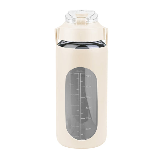 34Oz Glass Water Bottle Sports Water Bottle Motivational Water Bottle Water Intake Tracker Bottle with Straw Time Marker Silicone Sleeve Handle for Gy