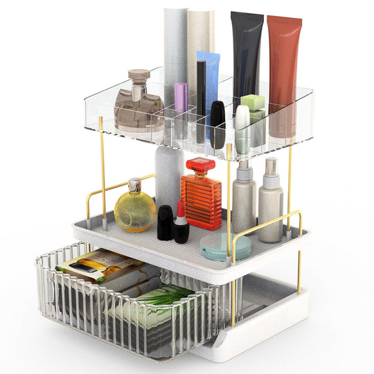 3 Tier Makeup Organizer for Vanity Large Capacity Skincare Shelf Bathroom Countertop Organizer with Drawer for Lipsticks Lotion Toner Perfumer Masks
