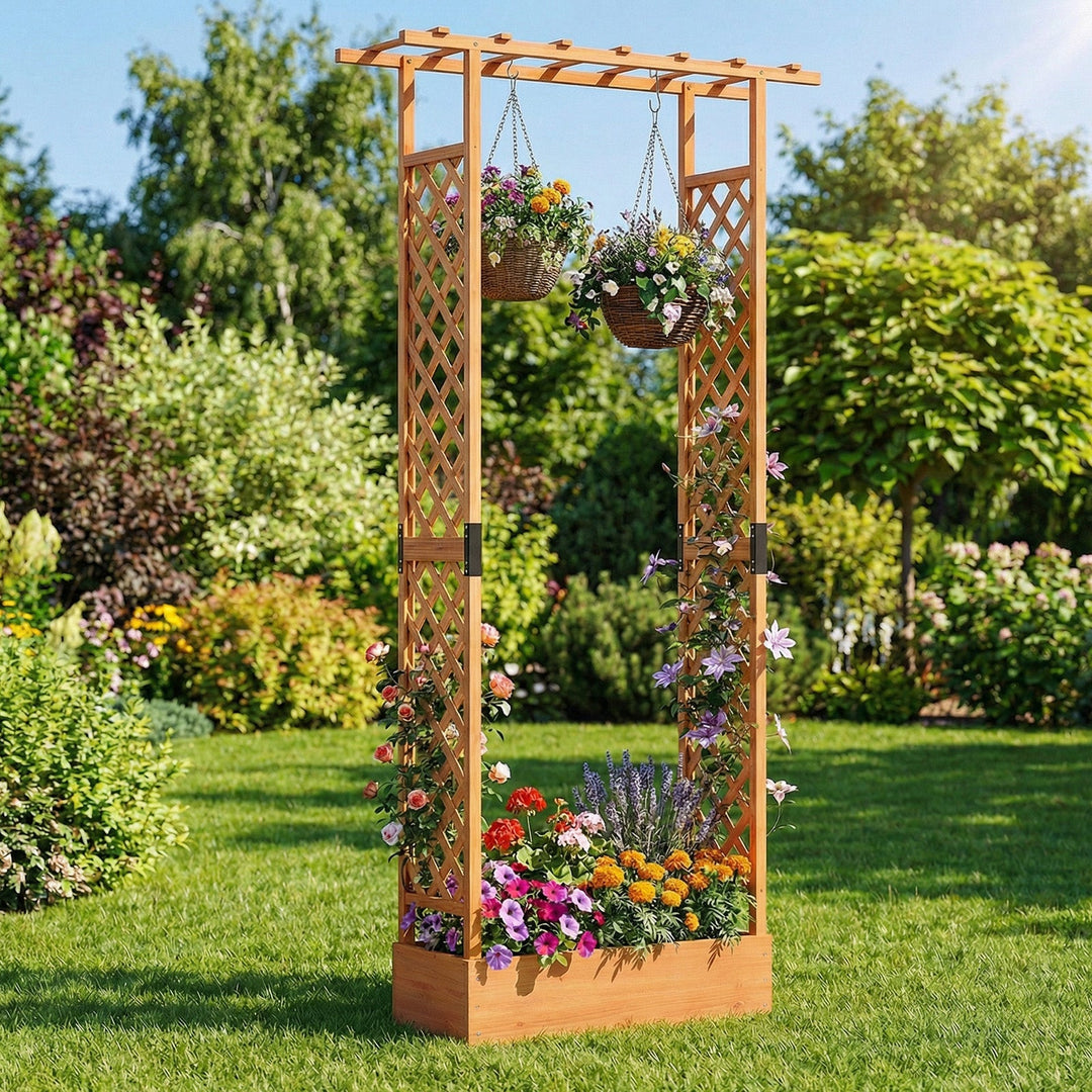 89 Inch Tall Wooden Raised Garden Bed with Side Trellis and Hanging Roof Drainage Holes