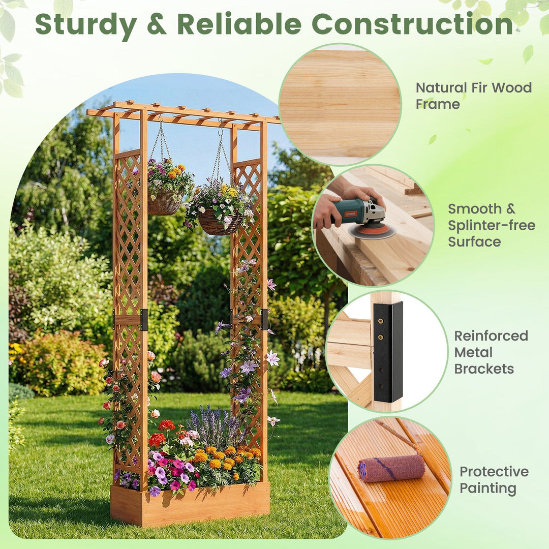 89 Inch Tall Wooden Raised Garden Bed with Side Trellis and Hanging Roof Drainage Holes