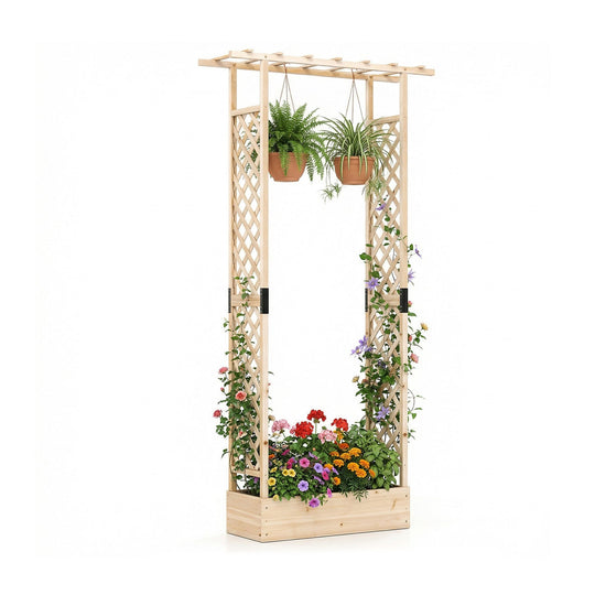 89 Inch Tall Wooden Raised Garden Bed with Side Trellis and Hanging Roof Drainage Holes