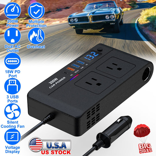 200W 12V Car Inverter DC12V to AC110V Vehicle Power Converter with 2 110V AC Outlets 1 Type-C 3 USB Ports Quick Charge Overheat Protection Voltage Dis