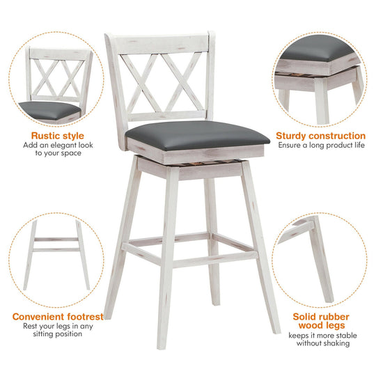 2 Pieces 29 Inches Swivel Counter Height Barstool Set with Rubber Wood Legs