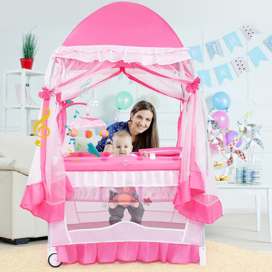 Portable Baby Playpen Crib Cradle with Carring Bag-Pink
