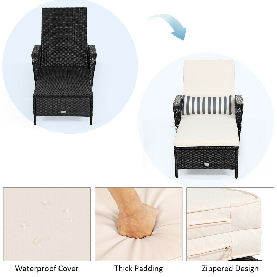 Patio Wicker Chaise Lounge Chair with Pillow and Adjustable Backrest with Cushion-Black