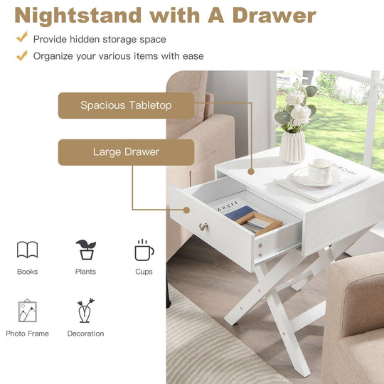 Modern X-Shaped Nightstand with Drawer for Living Room Bedroom