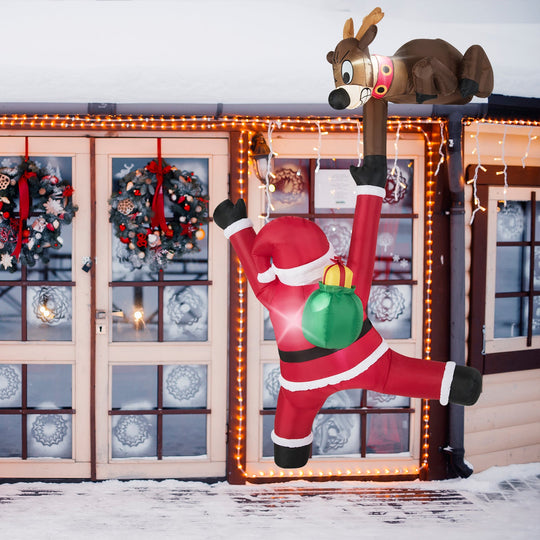 8.5 Feet Christmas Inflatable Reindeer and Climbing Santa Claus with Built-in LED Lights