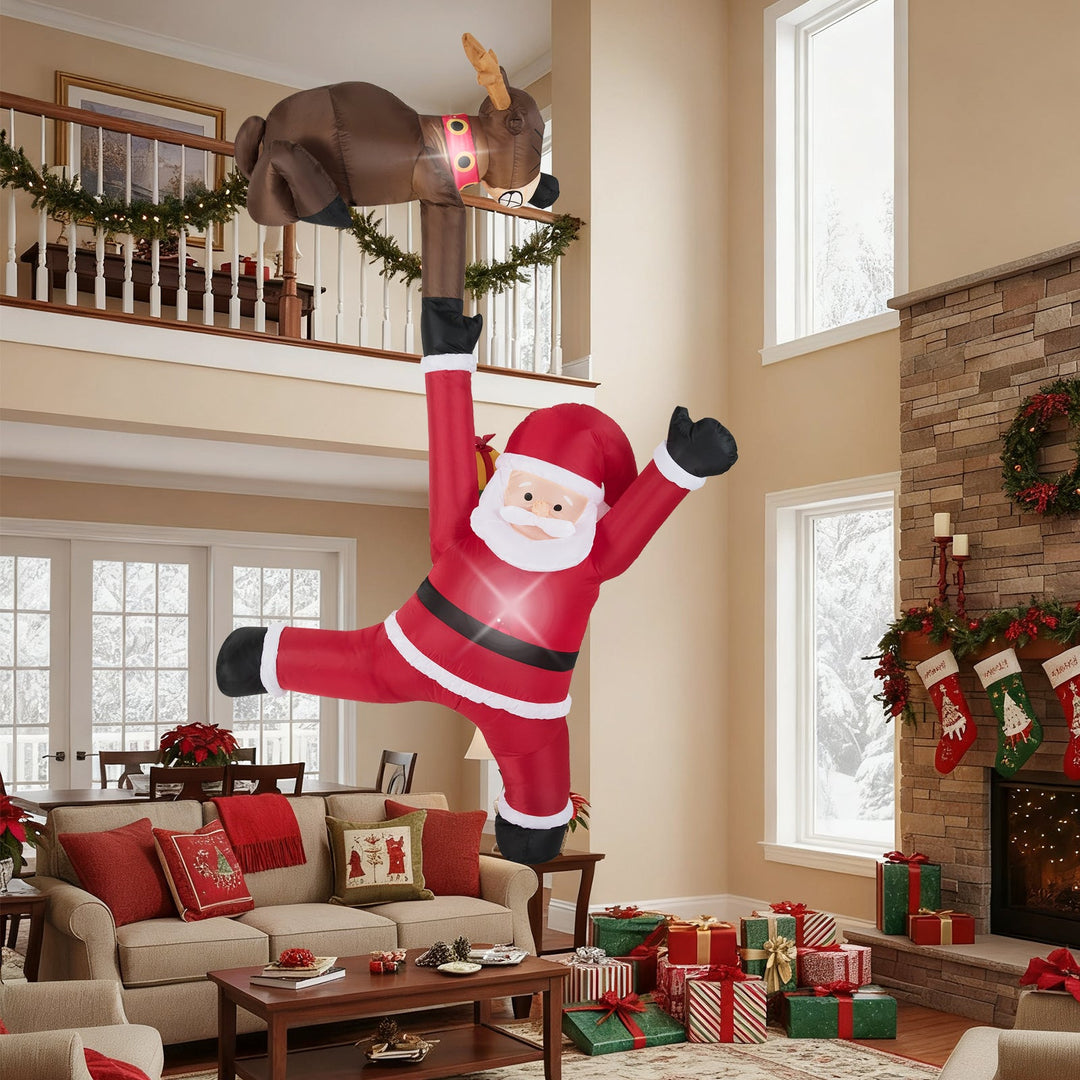 8.5 Feet Christmas Inflatable Reindeer and Climbing Santa Claus with Built-in LED Lights