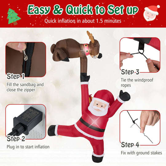 8.5 Feet Christmas Inflatable Reindeer and Climbing Santa Claus with Built-in LED Lights
