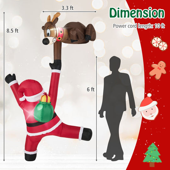 8.5 Feet Christmas Inflatable Reindeer and Climbing Santa Claus with Built-in LED Lights