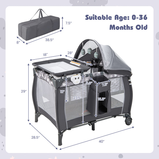 Portable Baby Nursery Center 4-in-1 Portable Travel Crib-Gray