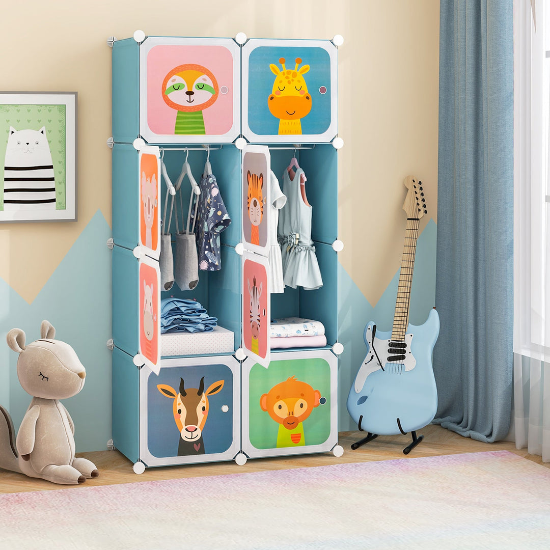 8-Cube Kids Wardrobe Closet with Clothes Hanging Section and Doors-Pink