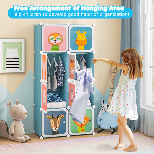 8-Cube Kids Wardrobe Closet with Clothes Hanging Section and Doors-Pink