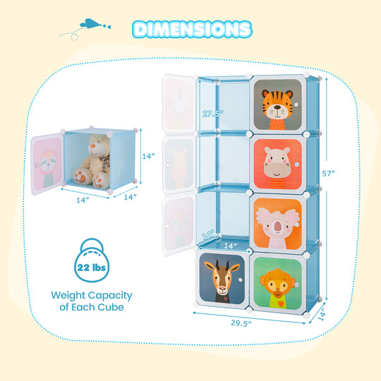 8-Cube Kids Wardrobe Closet with Clothes Hanging Section and Doors-Blue